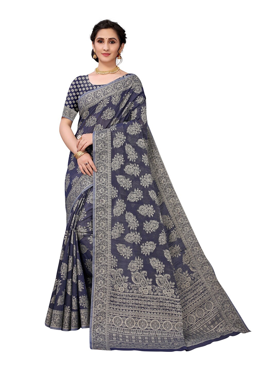 

Pisara Navy Blue & Silver-Toned Woven Design Zari Silk Cotton Saree