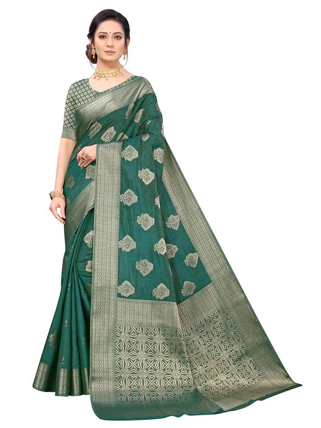 

Pisara Green & Gold-Toned Woven Design Zari Silk Cotton Chanderi Saree