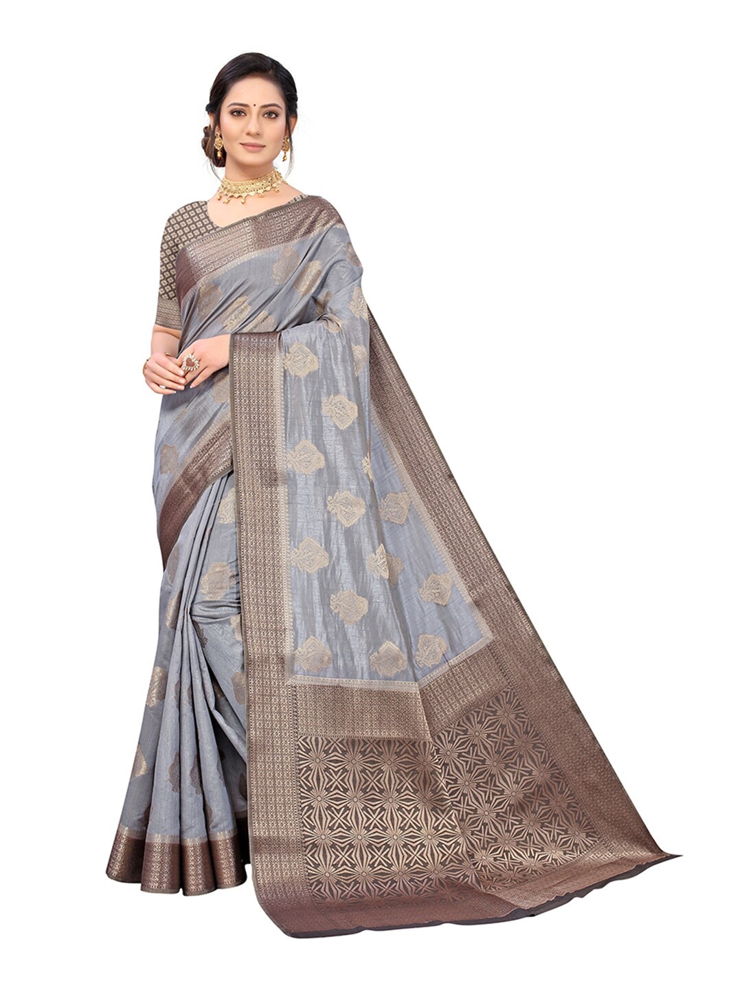 

Pisara Grey & Silver-Toned Woven Design Zari Silk Cotton Saree