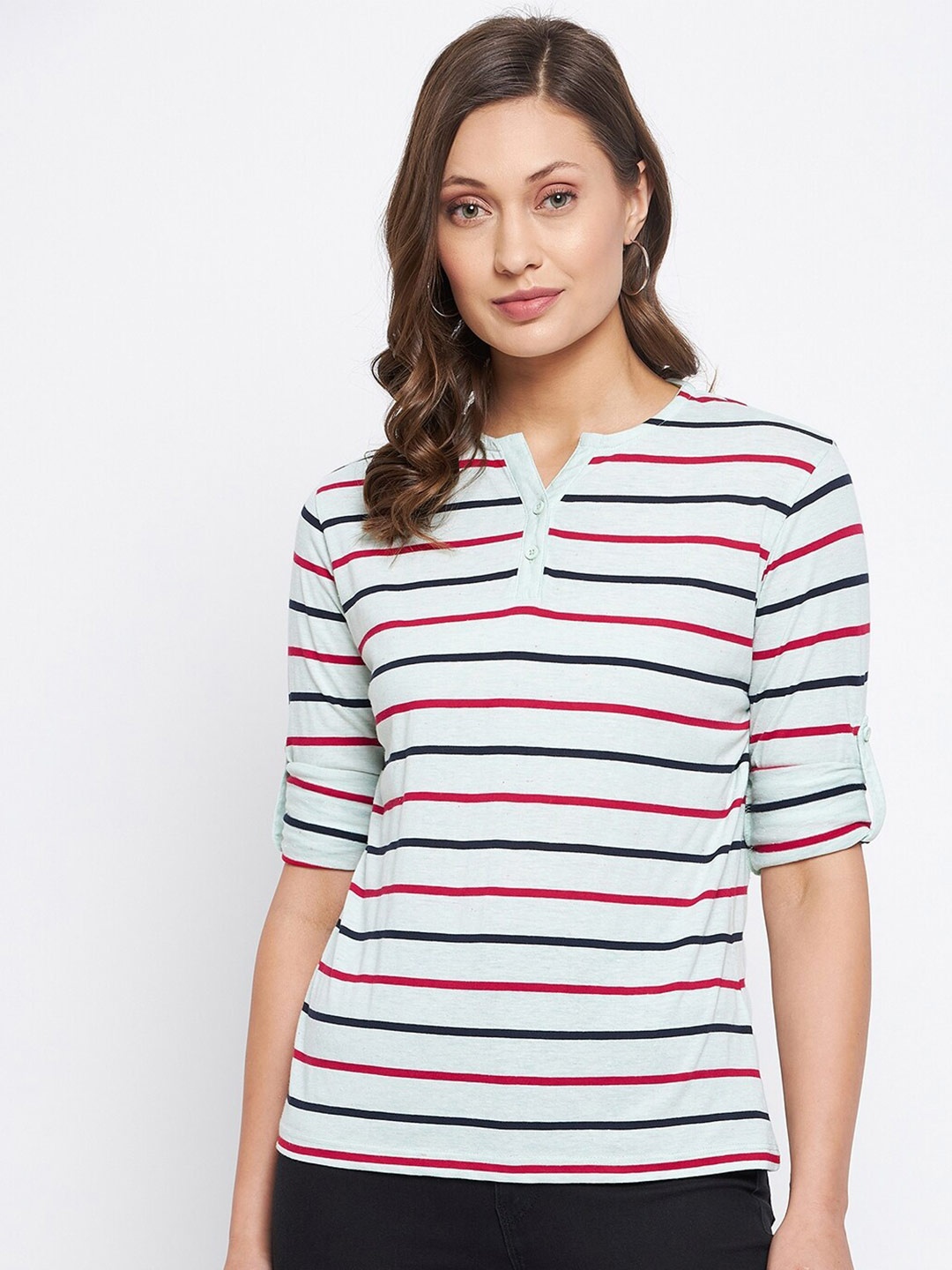 

HARBOR N BAY Women Green Striped Henley Neck T-shirt