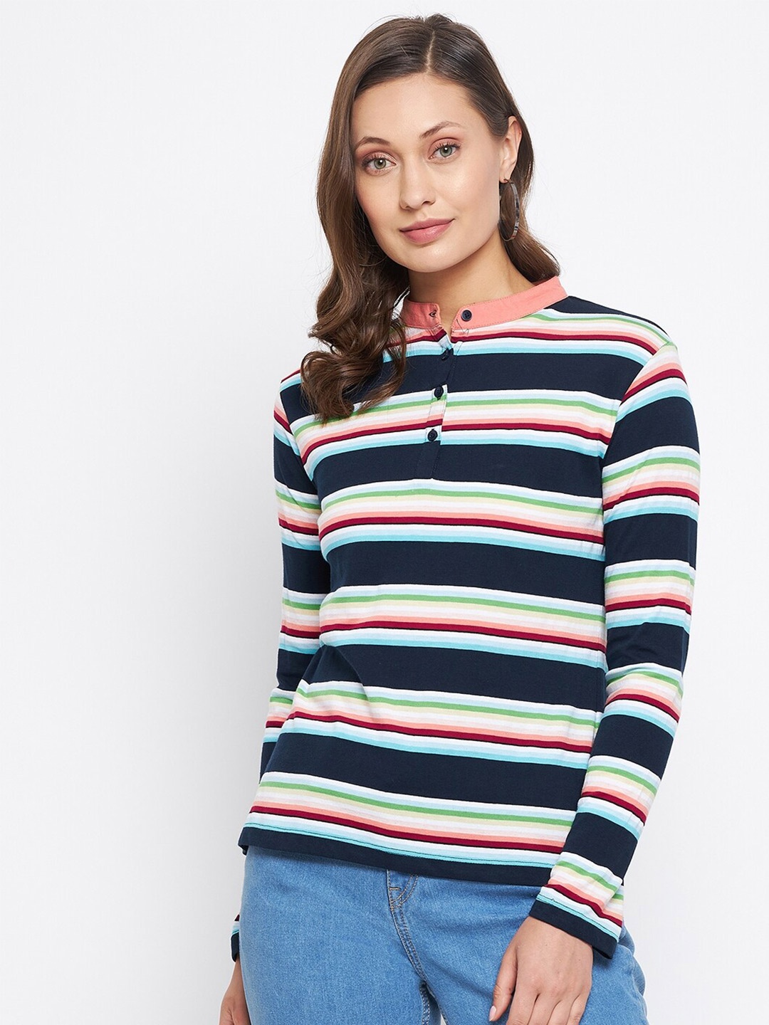 

HARBOR N BAY Women Navy Blue & Peach-Coloured Striped Mandarin Collar T-shirt