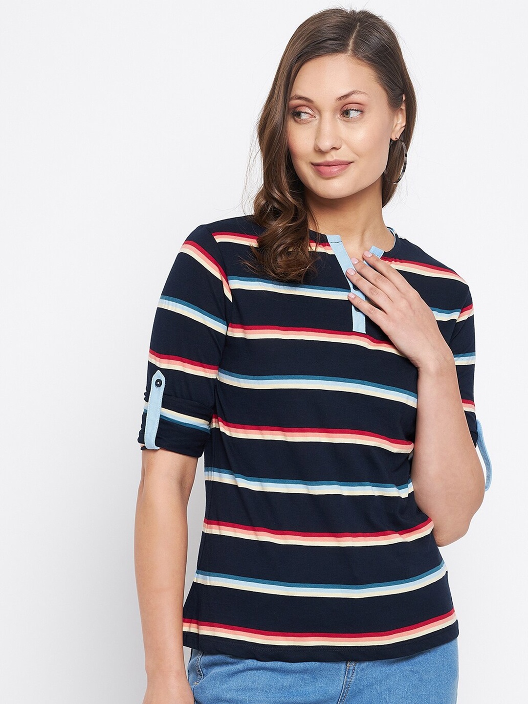 

HARBOR N BAY Women Navy Blue & Pink Striped Henley Neck T-shirt