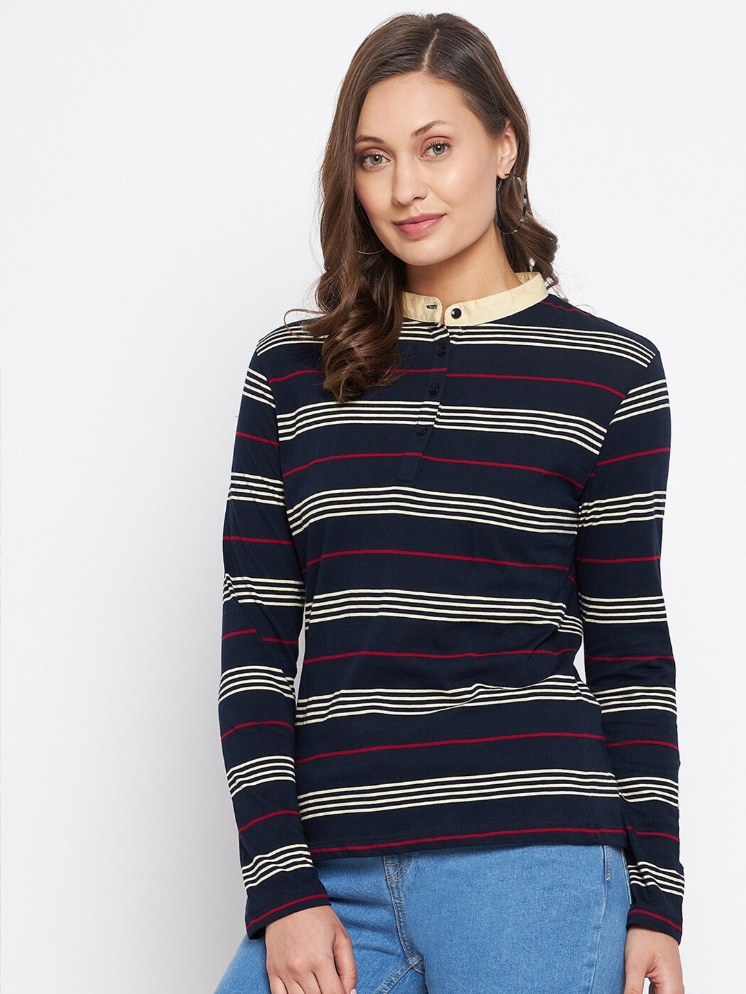 

HARBOR N BAY Women Navy Blue Striped T-shirt