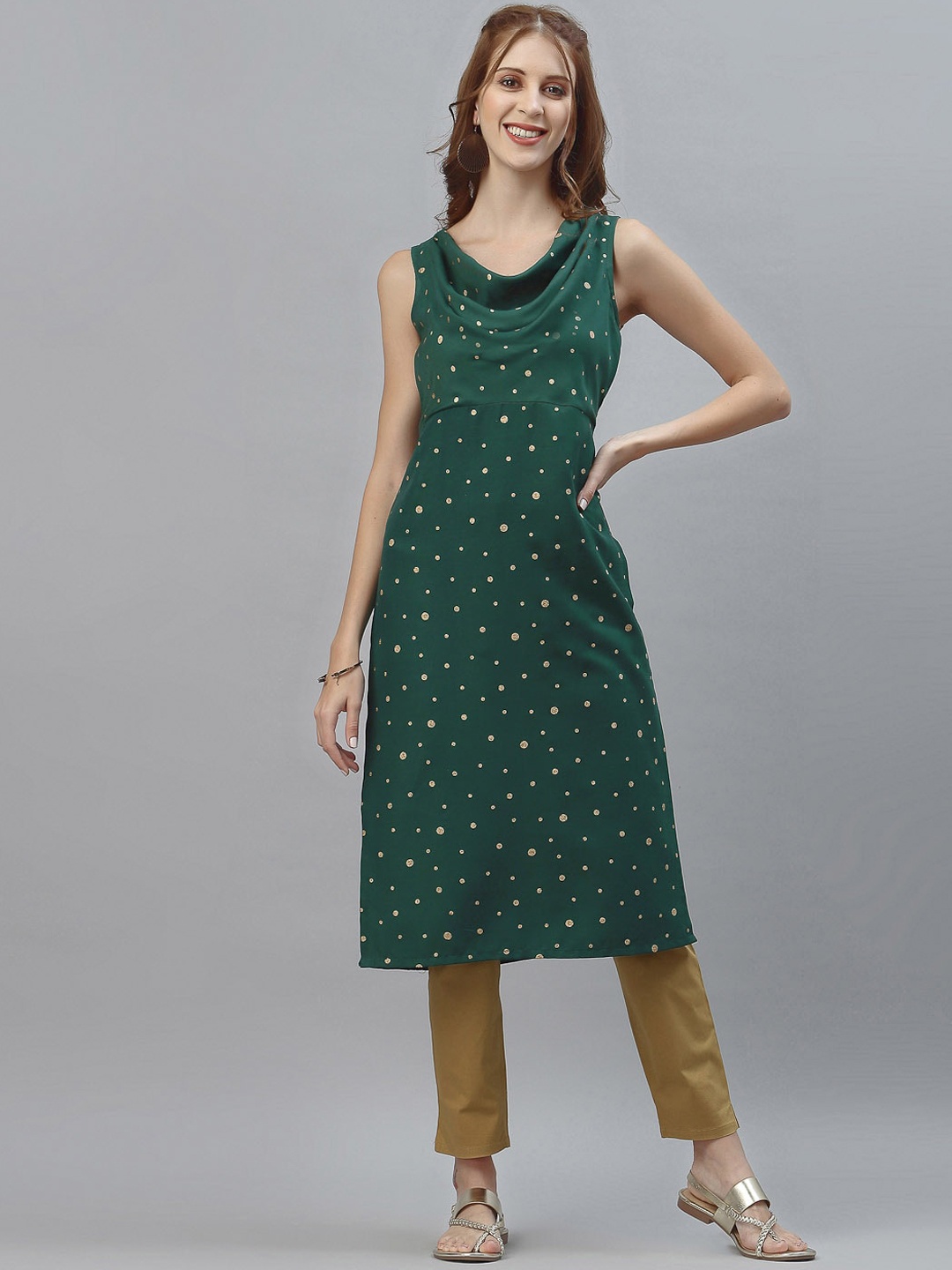 

KALINI Women Green Foil Printed Cotton Straight Cowl neck Sleeveless Kurta