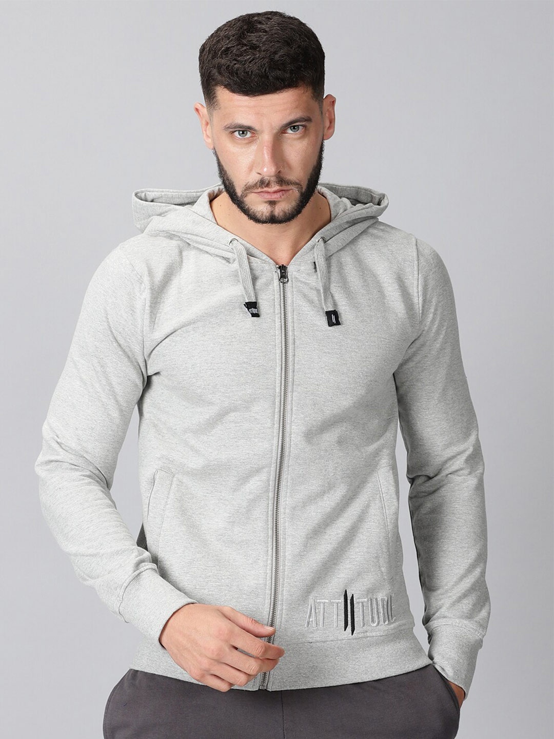 

ATTIITUDE Men Grey Hooded Sweatshirt