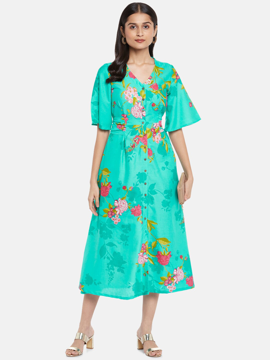 

AKKRITI BY PANTALOONS Turquoise Blue Floral A-Line Midi Dress