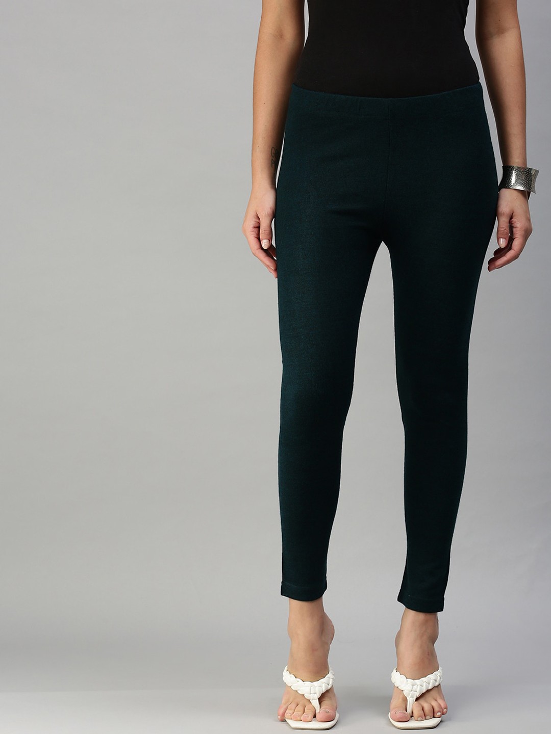 

De Moza Women Teal-Blue Solid Pure Cotton Ankle-Length Leggings