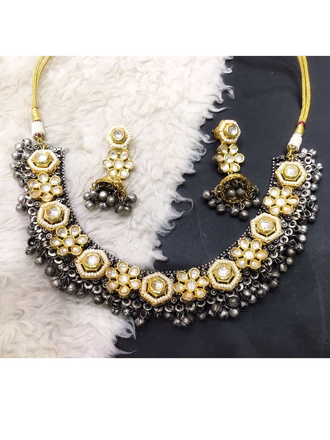 

SURYAM DESIGNER JEWELLERY Oxidized Gold-Plated & White Kundan-Studded Jewellery Set