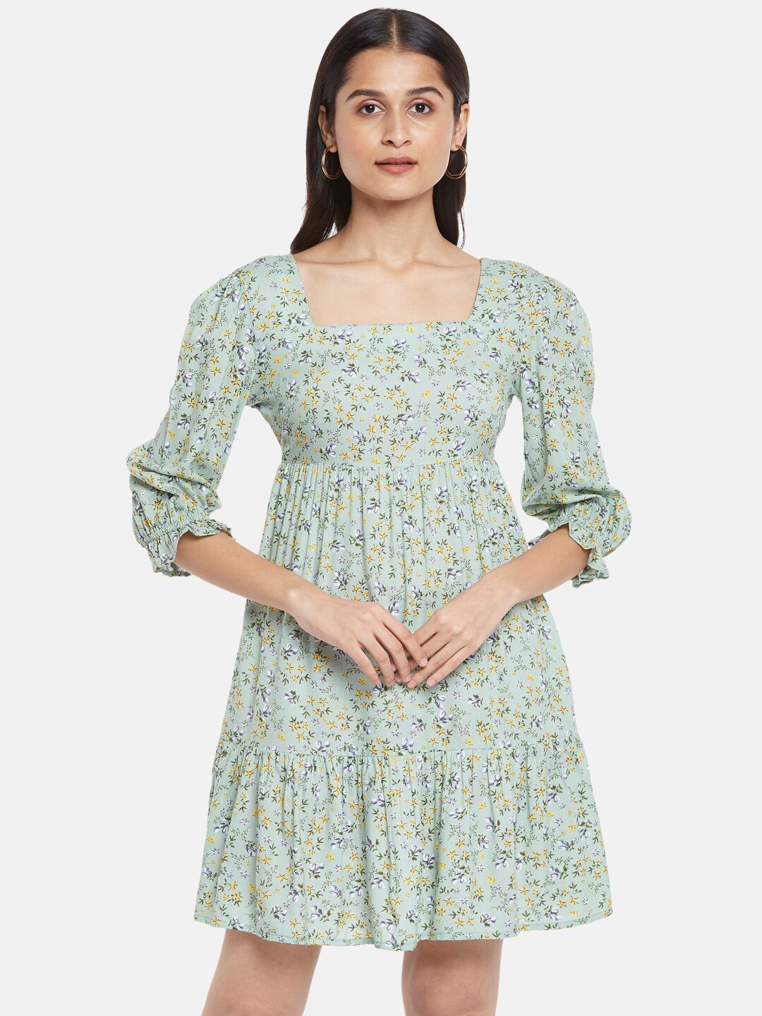 

People Turquoise Blue & Yellow Floral Tiered Fit & Flare Dress