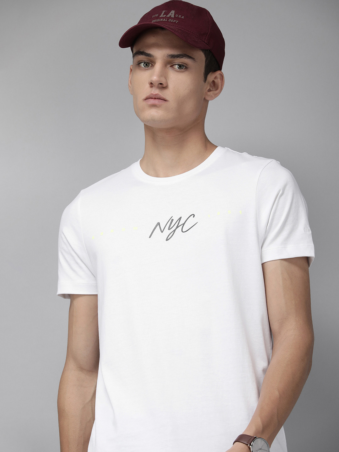 

Arrow New York Men White & Black Printed Pure Cotton T-shirt