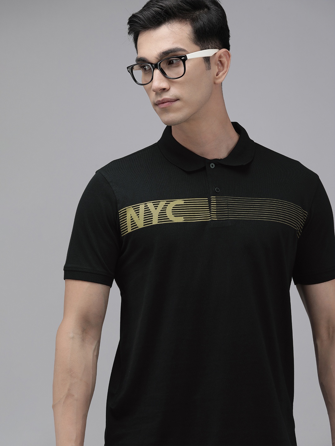 

Arrow New York Men Black & Yellow Typography Printed Pure Cotton Polo Collar T-shirt