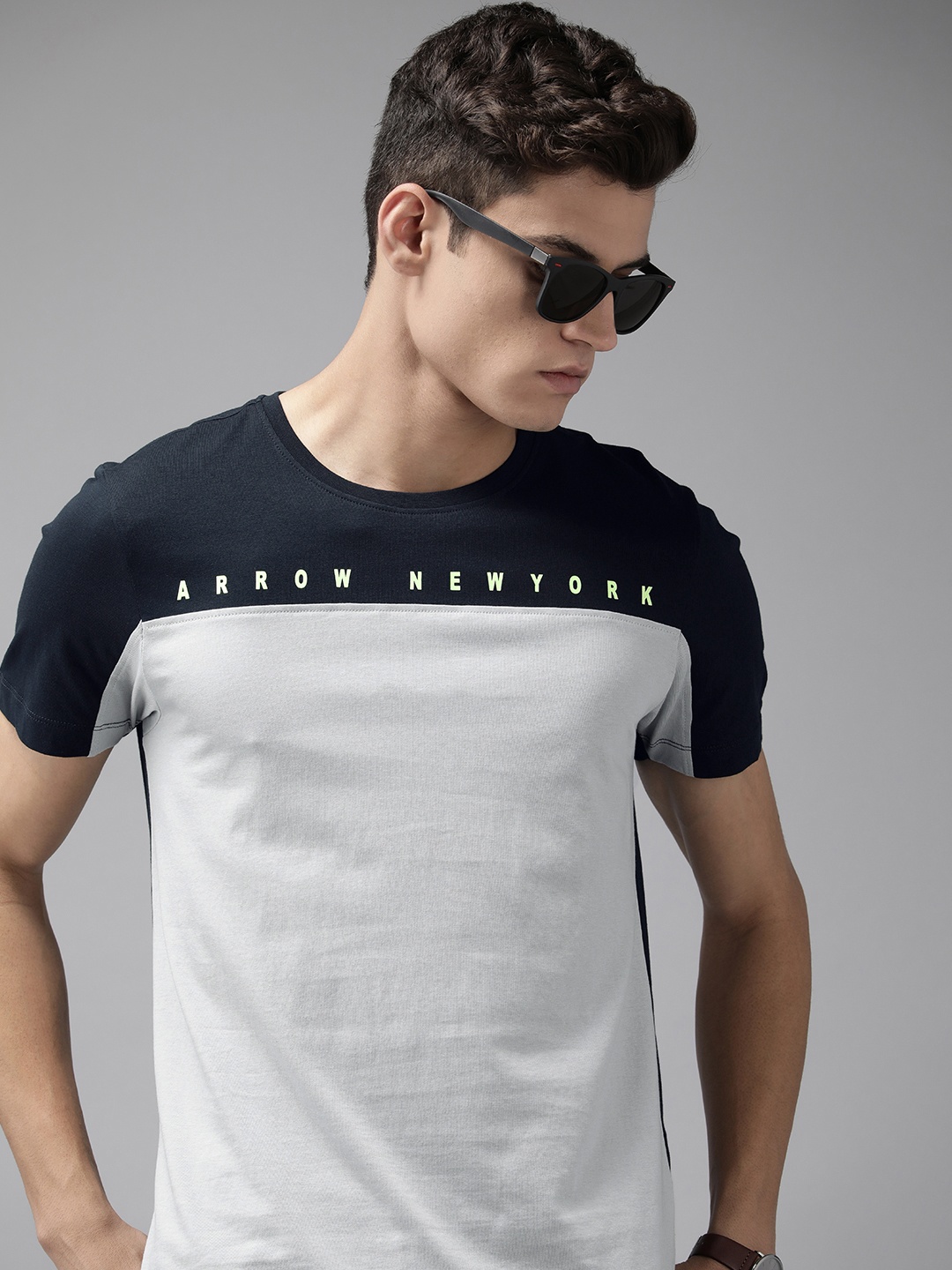 

Arrow New York Men Navy Blue & Grey Colourblocked Pure Cotton T-shirt