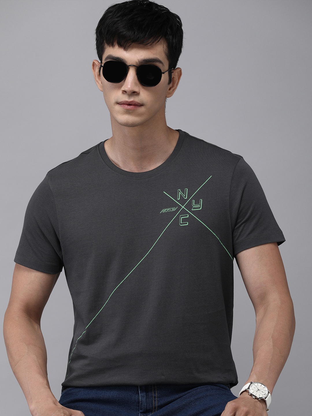 

Arrow New York Men Grey Placement Printed Pure Cotton Casual T-shirt