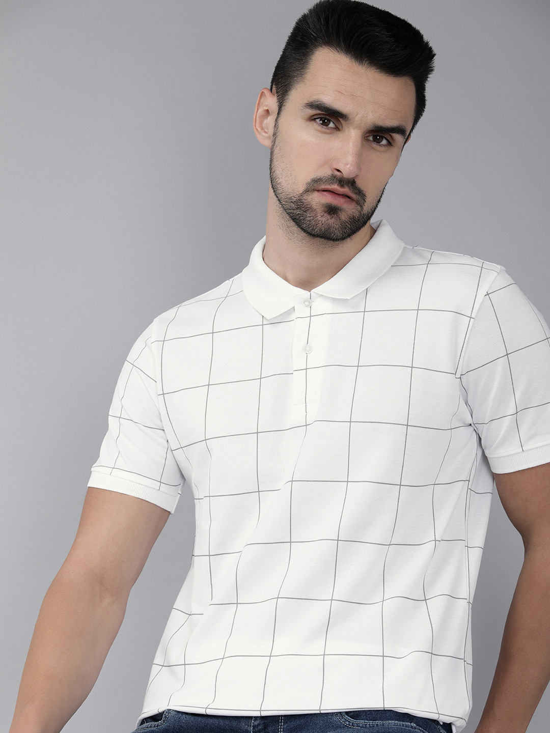 

Arrow New York Men White & Black Checked Polo Collar Pure Cotton T-shirt