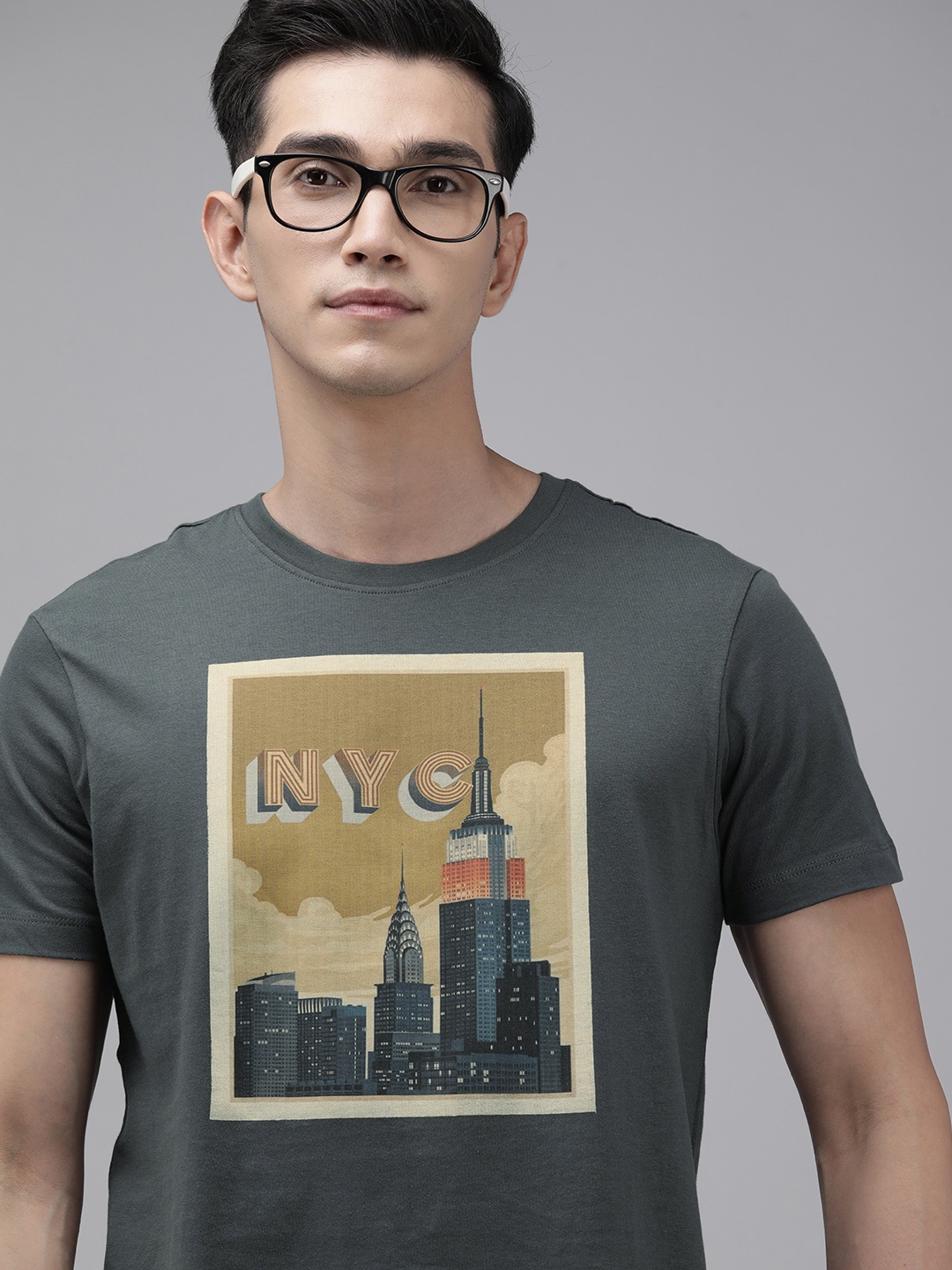 

Arrow New York Men Grey Printed Pure Cotton T-shirt