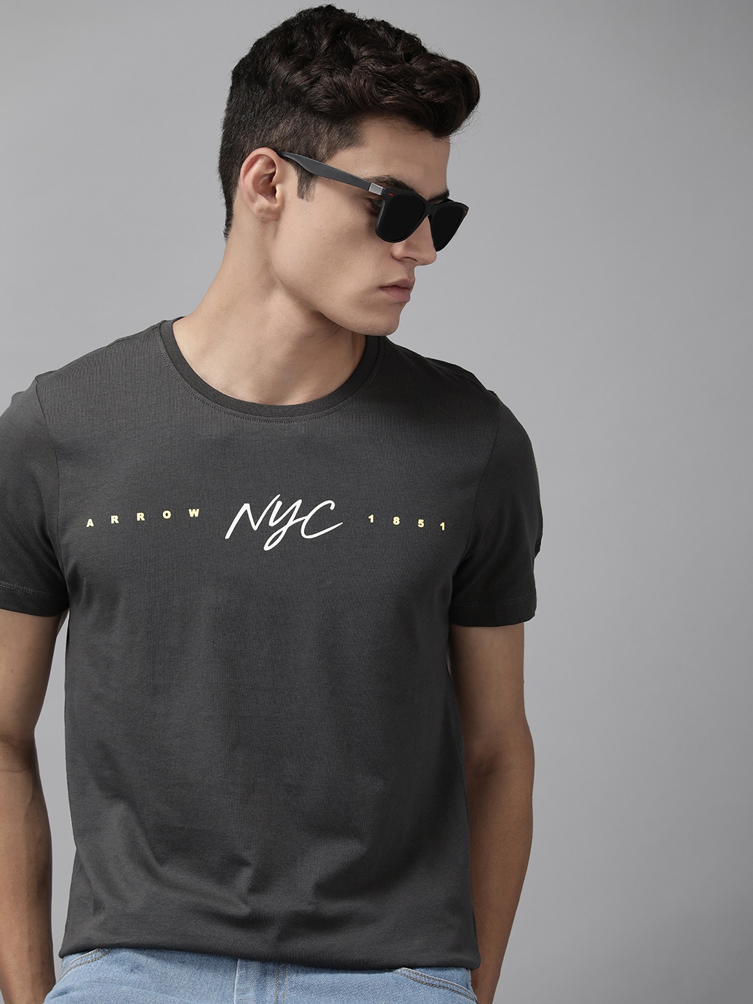 

Arrow New York Men Grey & White Printed Pure Cotton T-shirt