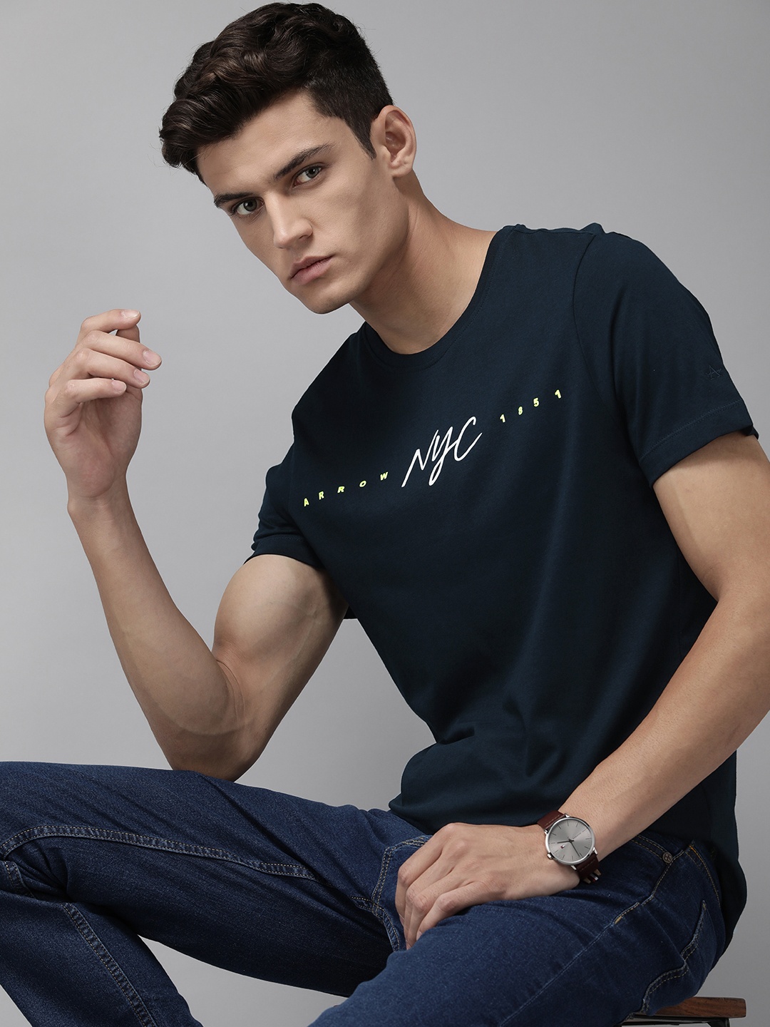 

Arrow New York Men Navy Blue & White Printed Pure Cotton T-shirt