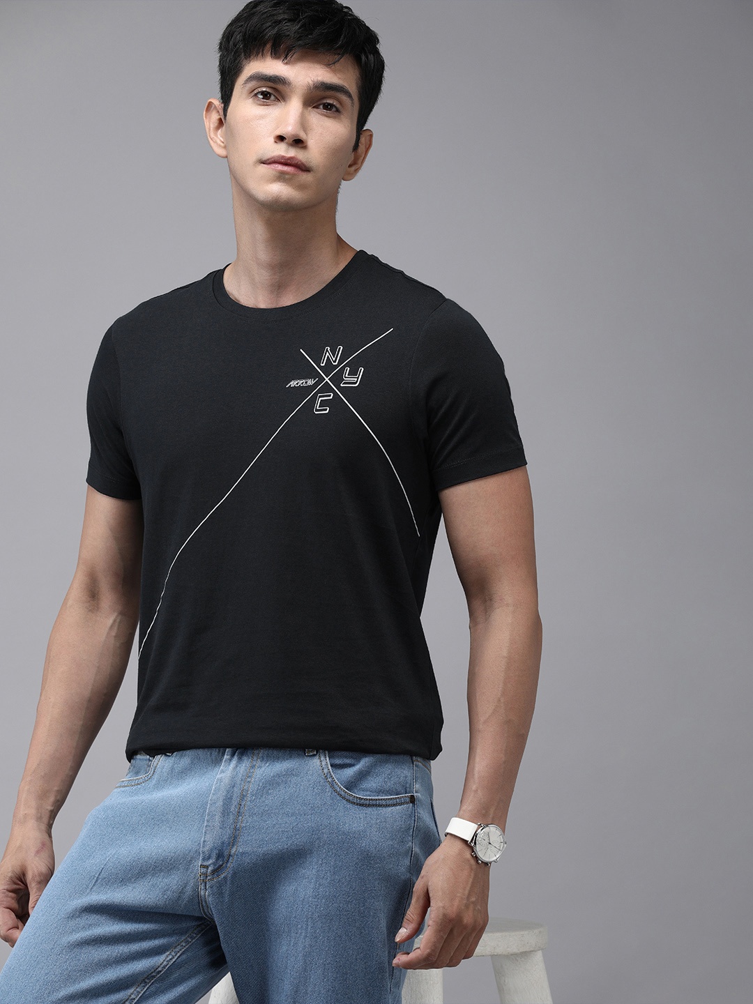 

Arrow New York Men Navy Blue Placement Printed Pure Cotton Casual T-shirt