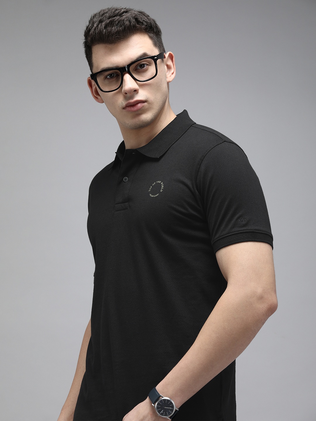 

Arrow New York Men Black & Grey Printed Polo Collar Pure Cotton T-shirt
