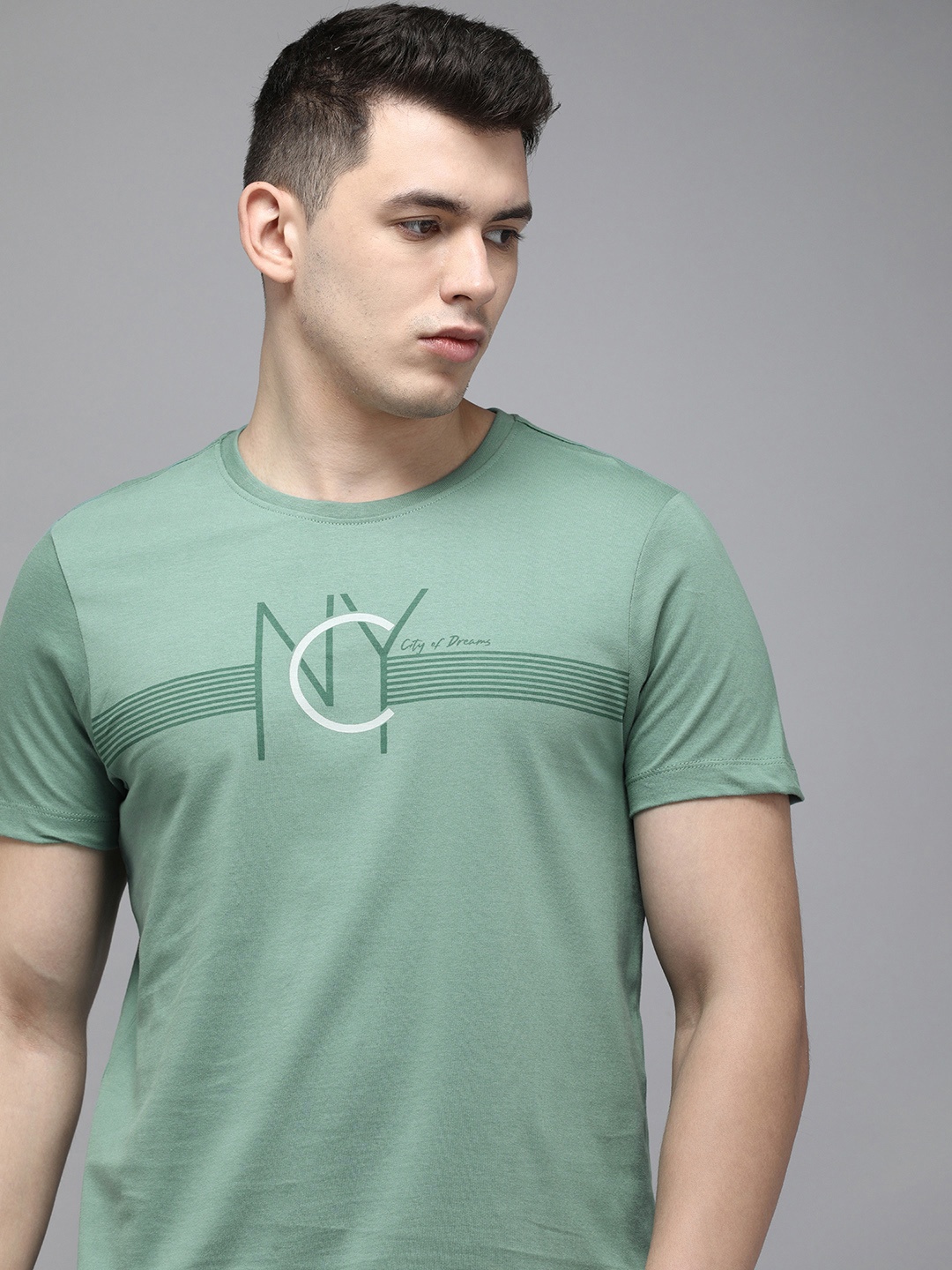 

Arrow New York Men Green Striped Compact Cotton T-shirt