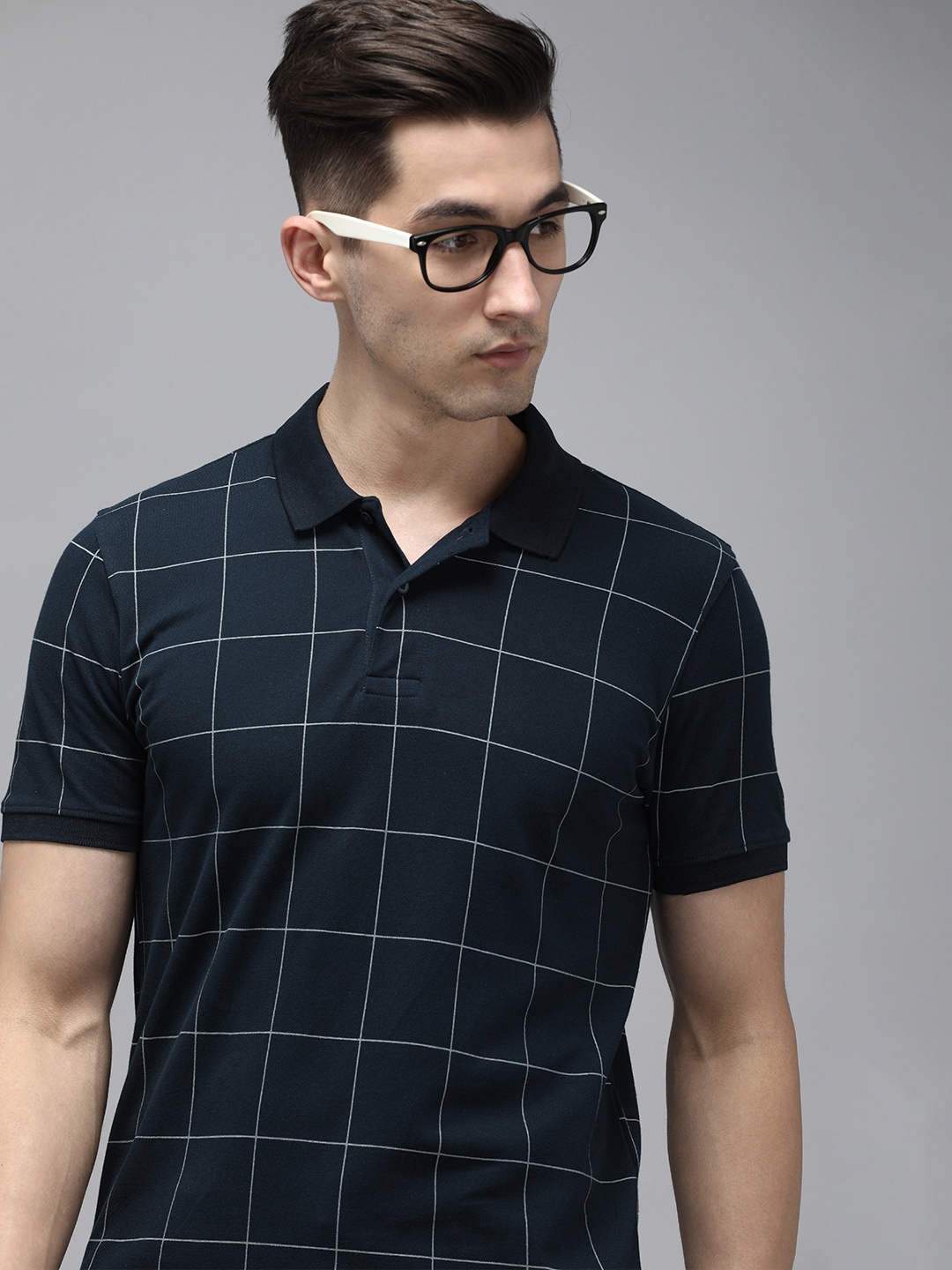 

Arrow New York Men Navy Blue Checked Polo Collar T-shirt
