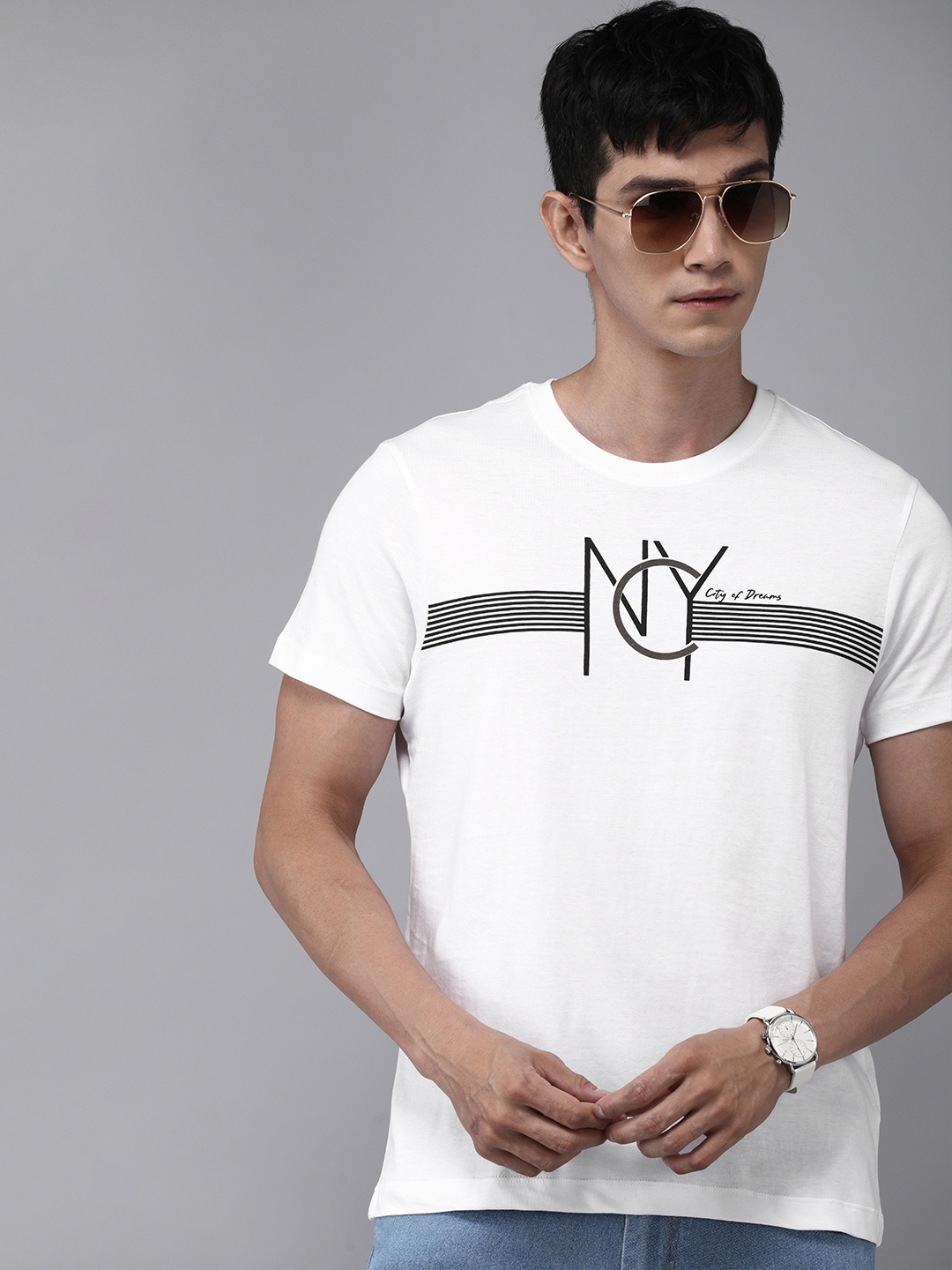 

Arrow New York Men White Graphic Printed Pure Cotton Casual T-shirt