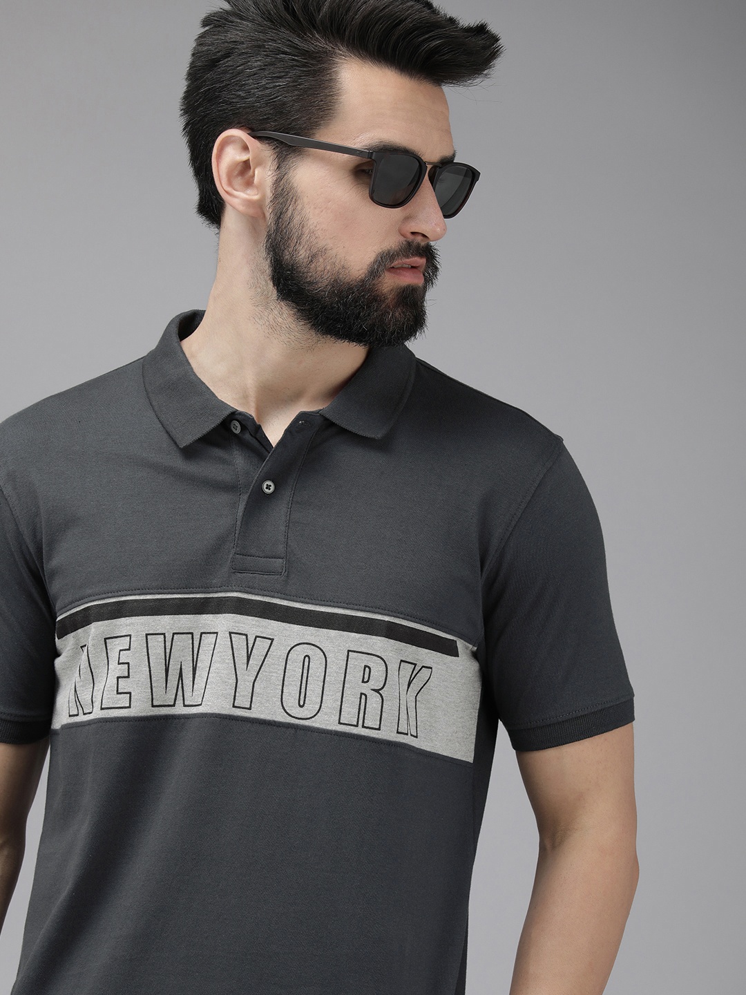 

Arrow New York Men Grey Brand Logo Printed Polo Collar Pure Cotton T-shirt