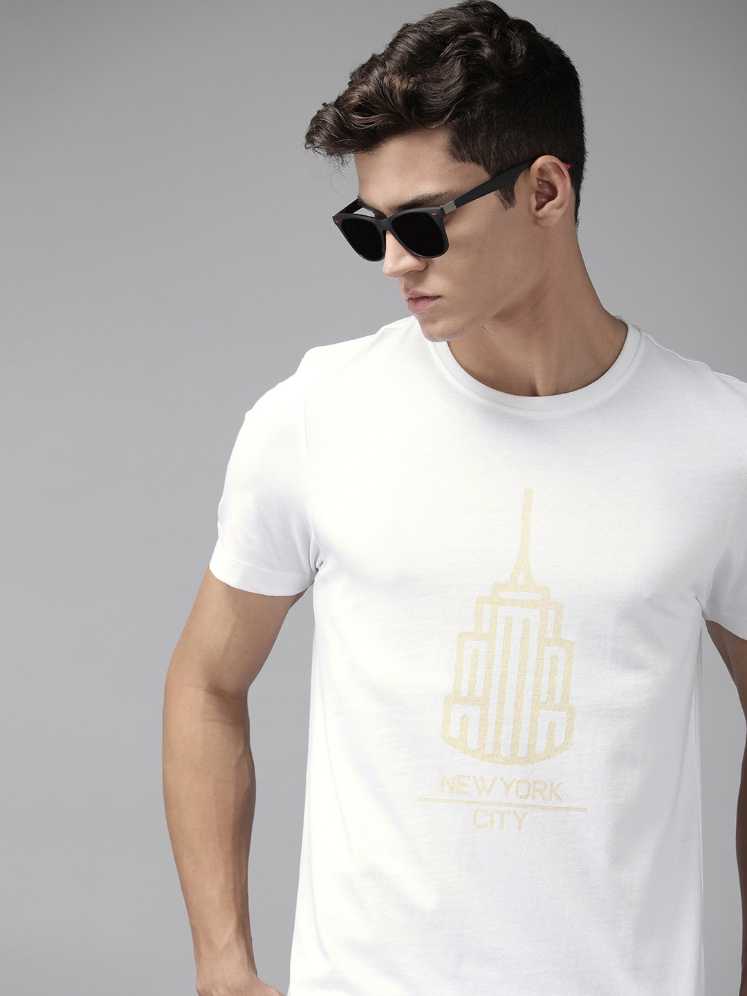 

Arrow New York Men White & Olive Green Printed Pure Cotton T-shirt