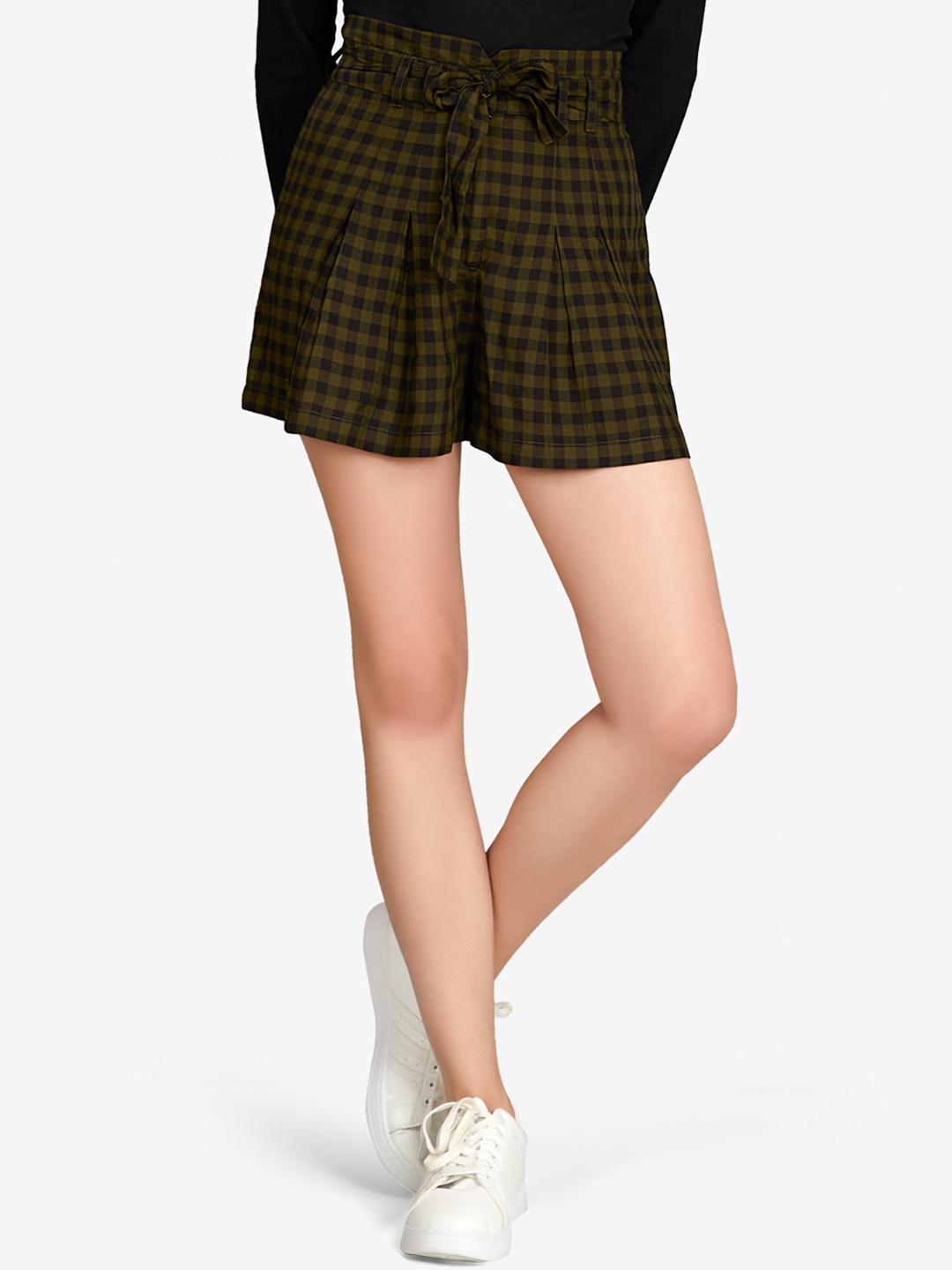 

VASTRADO Women Olive Green & Black Checked Cotton Skorts