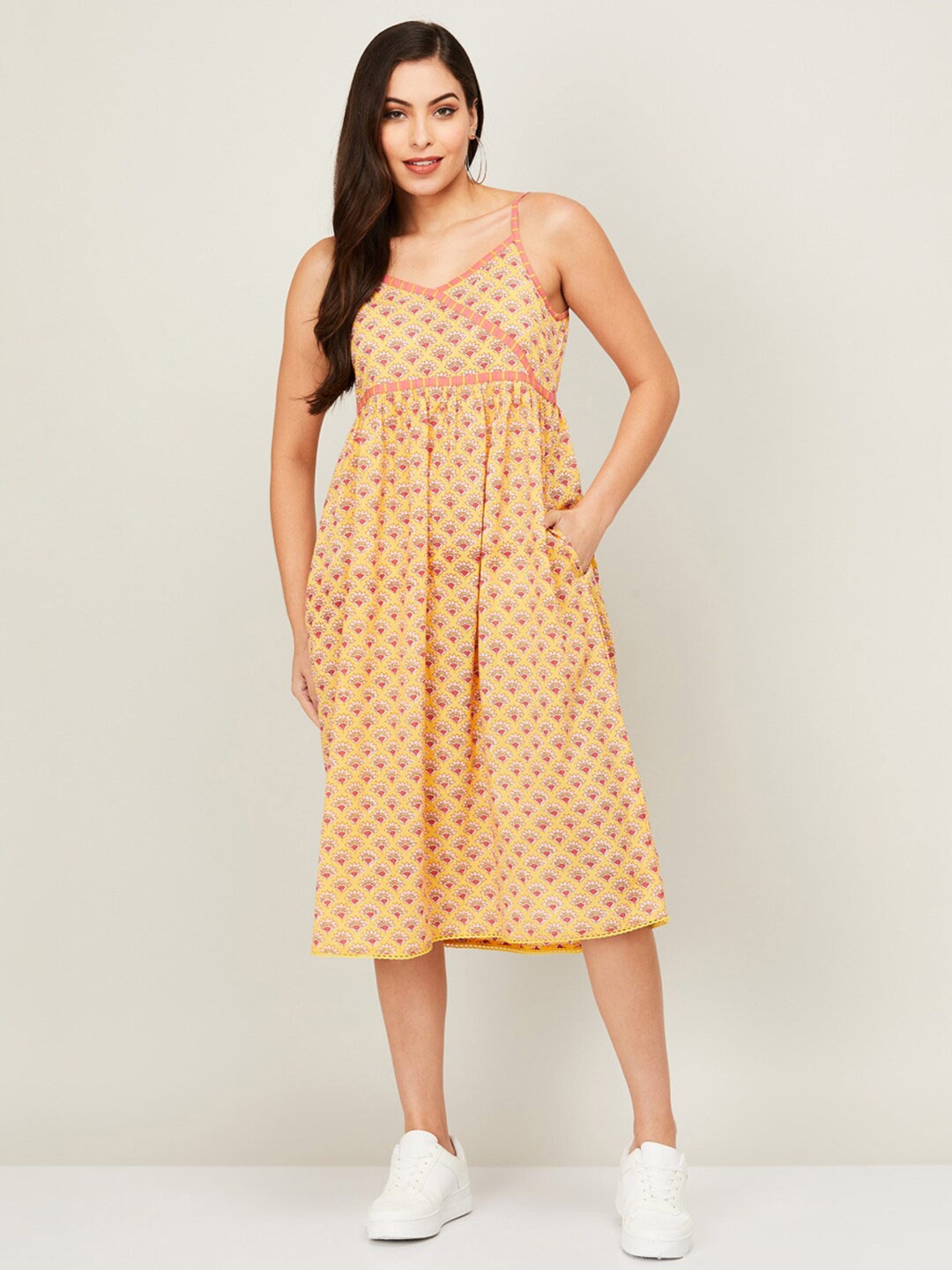 

Colour Me by Melange Yellow Ethnic Motifs Pure Cotton Empire Midi Dress