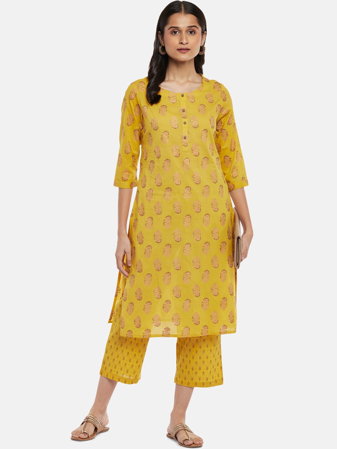 

RANGMANCH BY PANTALOONS Women Yellow Printed Pure Cotton Kurti with Trousers