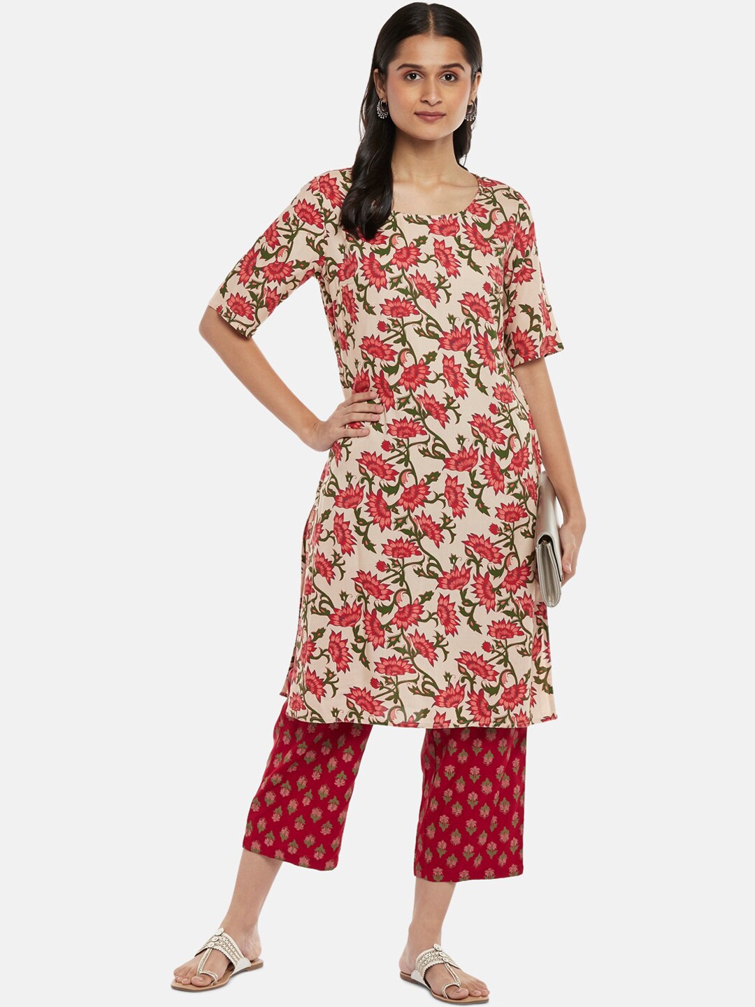 

RANGMANCH BY PANTALOONS Women Beige Floral Printed Regular Kurti with Trousers