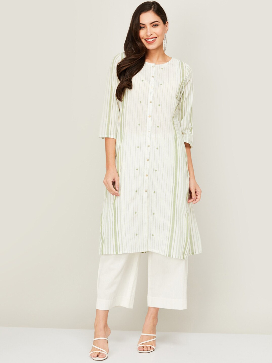 

Melange by Lifestyle Women White Striped Keyhole Neck Kurta