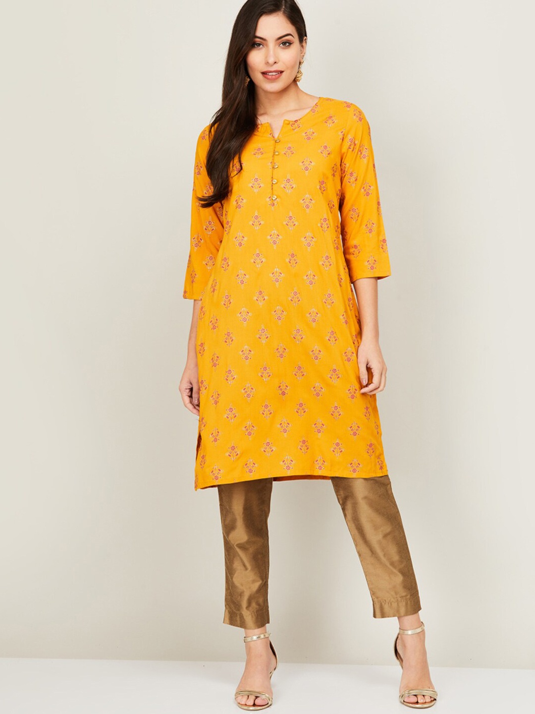 

Melange by Lifestyle Women Yellow & Pink Ethnic Motifs Printed Kurta