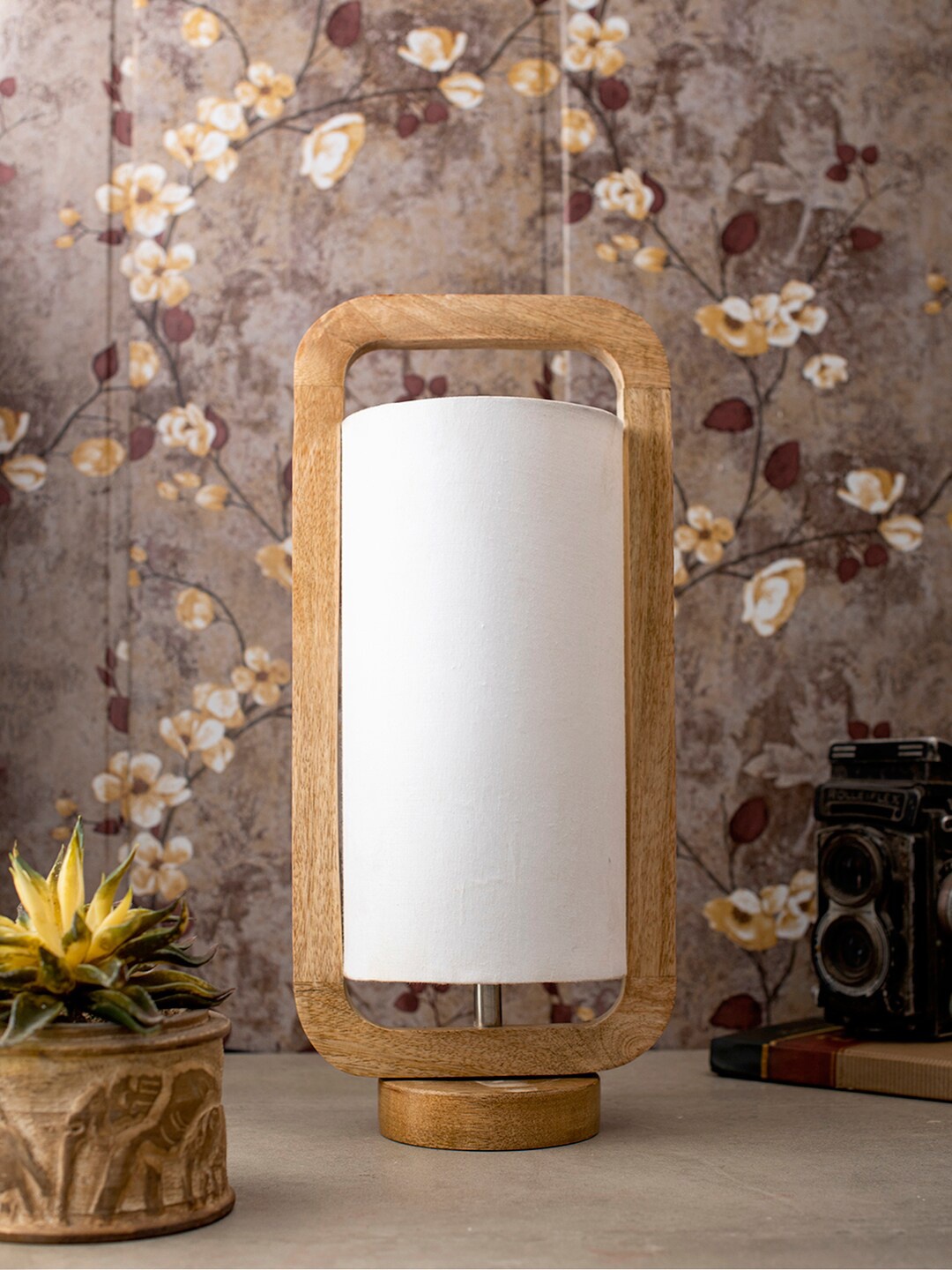 

green girgit Brown Wooden Lantern Table Lamp with White Cotton Shade