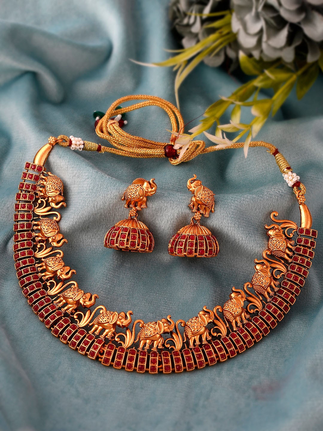

Silvermerc Designs Gold-Plated Red Stone-Studded Temple Jewellery Set