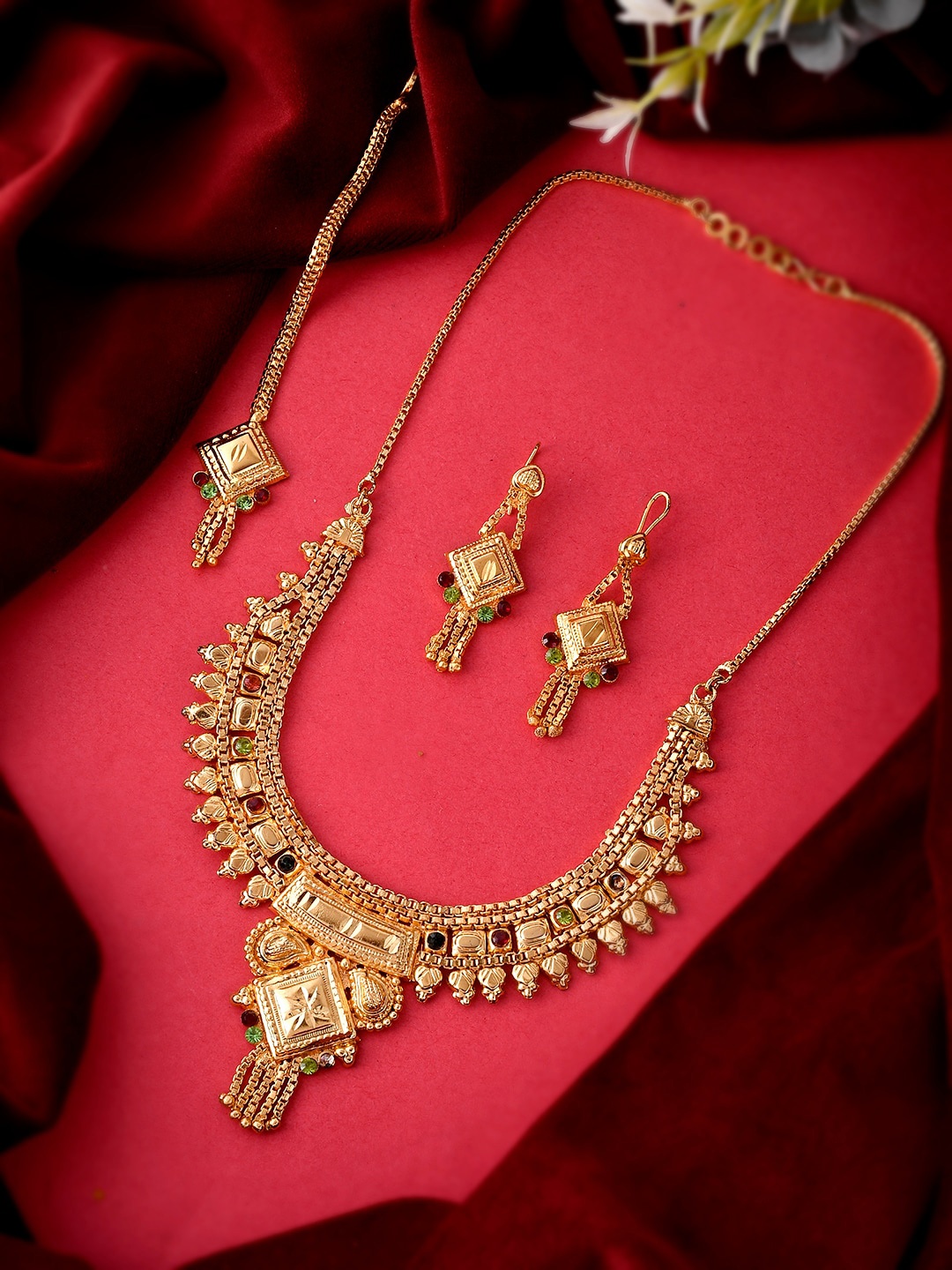 

Silvermerc Designs Women Gold-Plated Red & Green Stone-Studded & Beaded Temple Jewellery Set