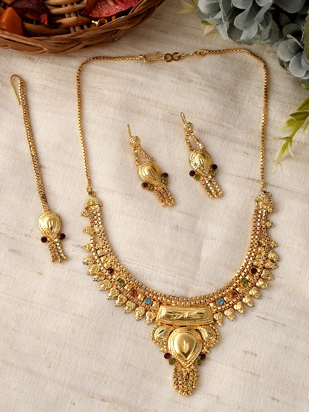 

Silvermerc Designs Women Gold-Plated Maroon Red & Blue Stone-Studded & Beaded Temple Jewellery Set