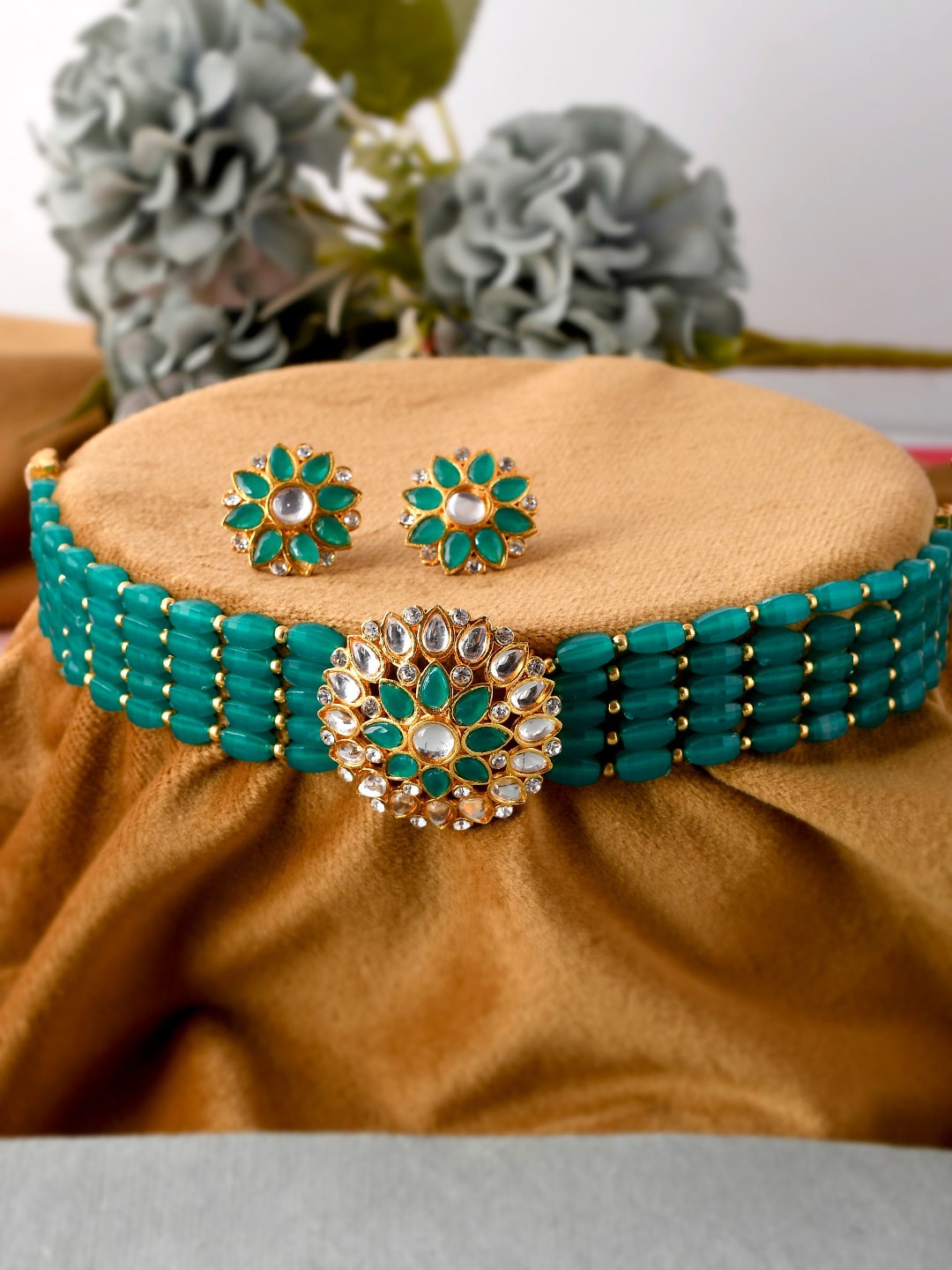 

Silvermerc Designs Gold-Plated Green Beaded Kundan Studded Choker Jewellery Set
