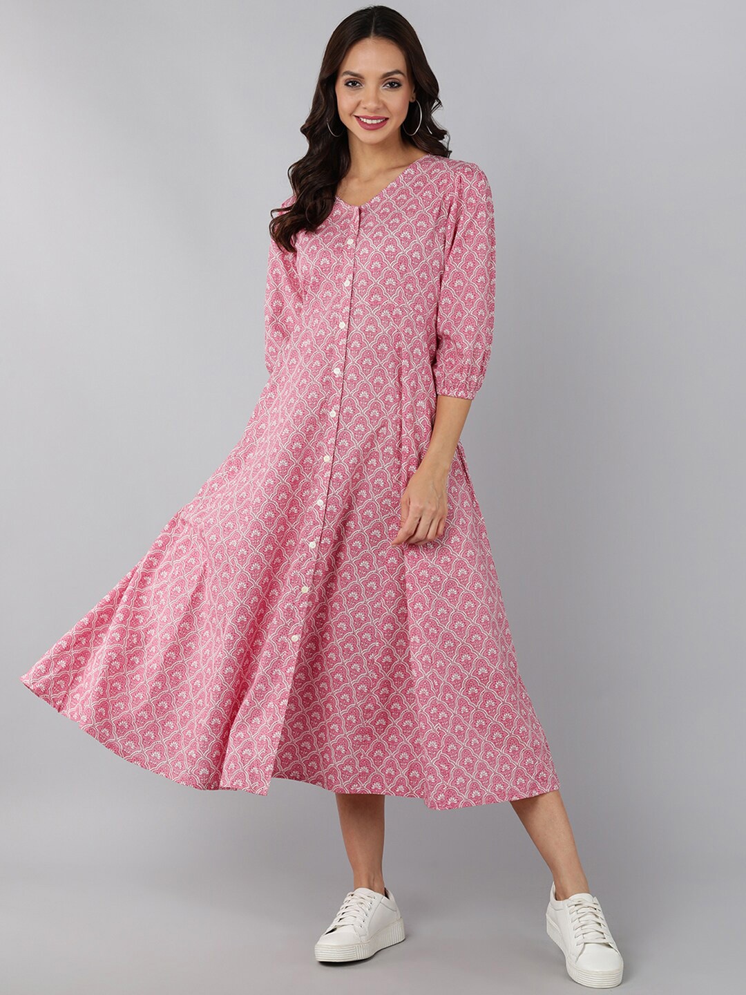 

AHIKA Pink Ethnic Motifs A-Line Midi Dress