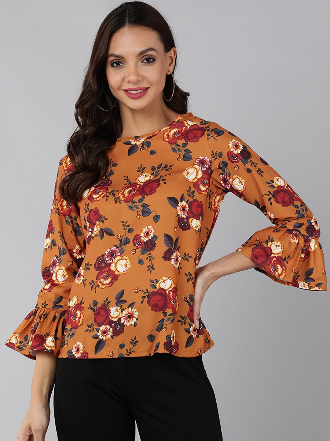 

AHIKA Mustard Yellow & apricot buff Floral Print Georgette Top