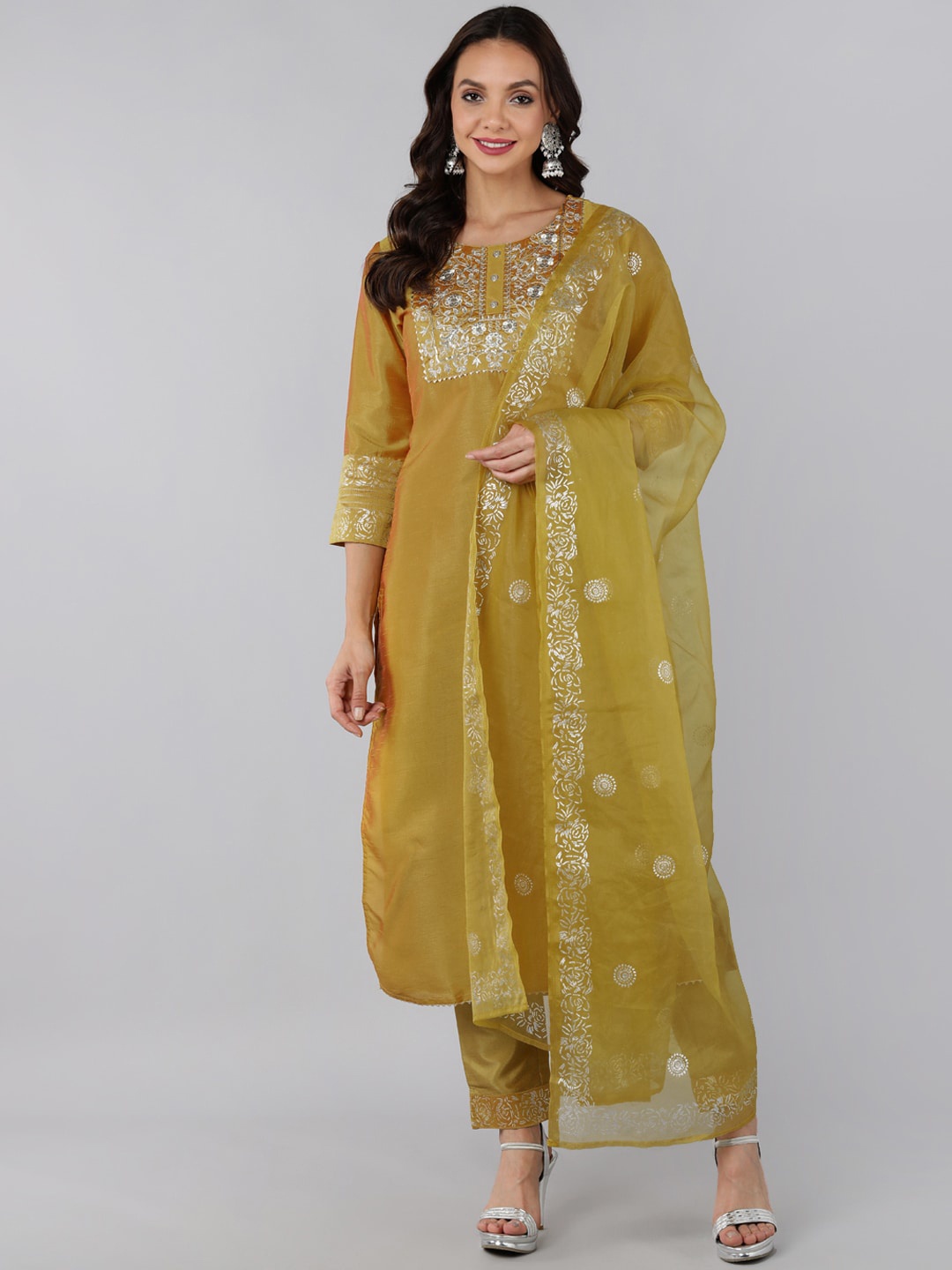 

AHIKA Women Mustard Yellow Ethnic Motifs Yoke Design Layered Kurti with Trousers & With Dupatta