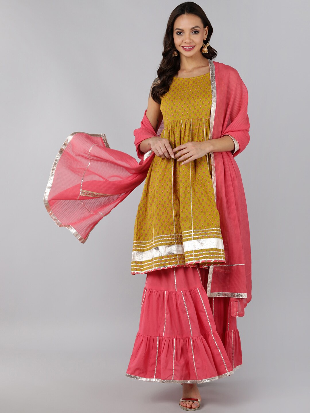 

AHIKA Women Mustard Yellow Empire Pure Cotton Kurta with Sharara & With Dupatta