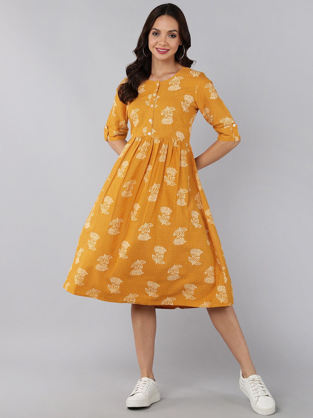 

AHIKA Mustard Yellow Ethnic Motifs A-Line Dress