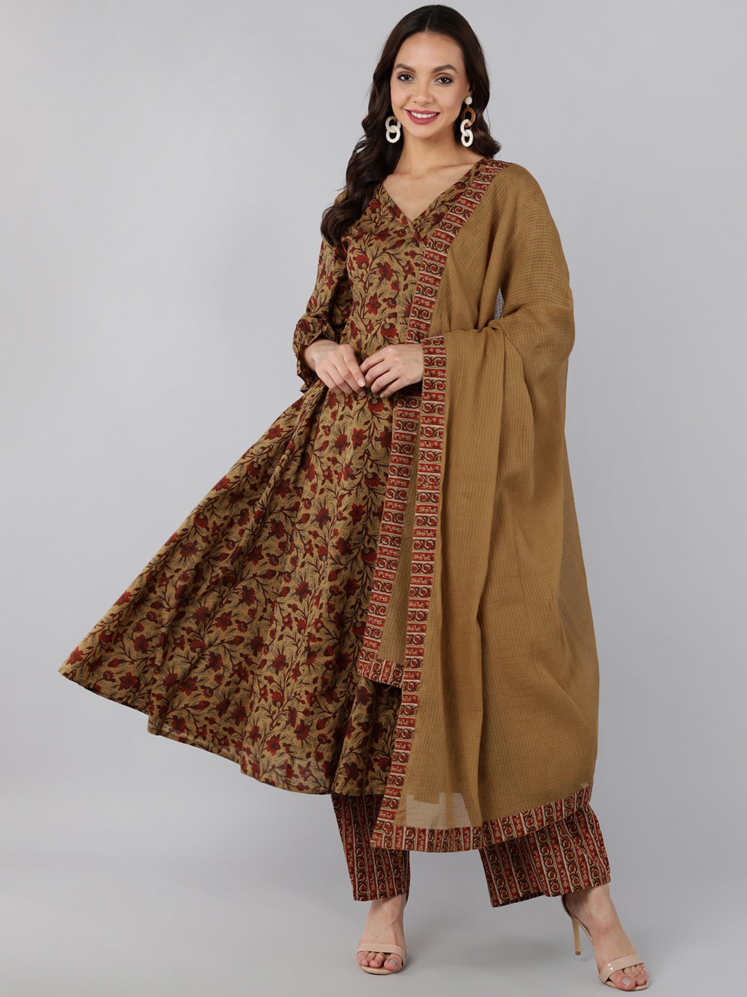 

AHIKA Women Brown Ethnic Motifs Pleated Pure Cotton Kurta with Trousers & With Dupatta