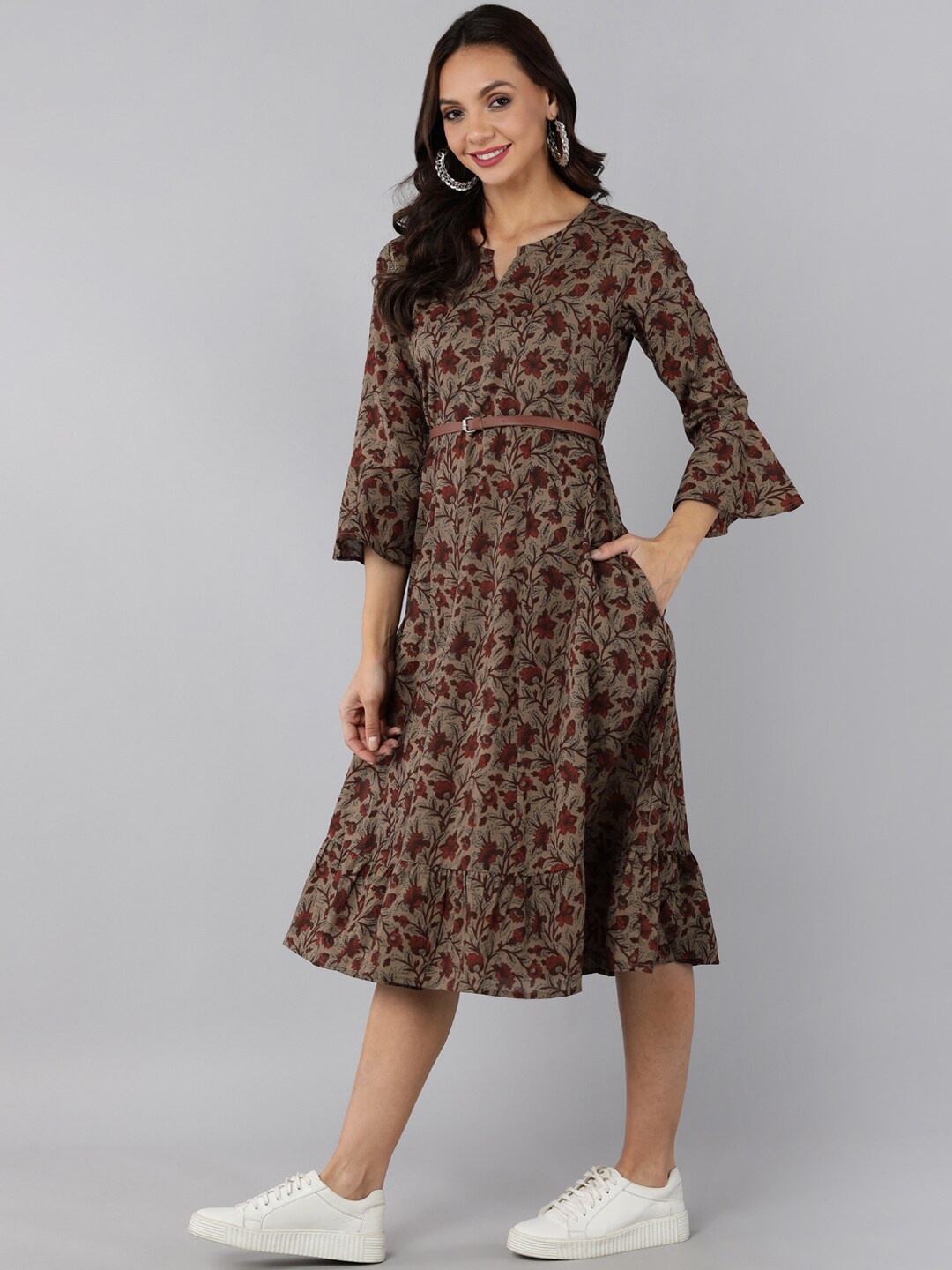 

AHIKA Taupe Floral A-Line Midi Dress