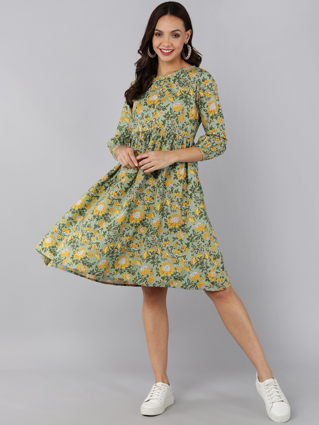 

AHIKA Green Floral Ethnic A-Line Dress