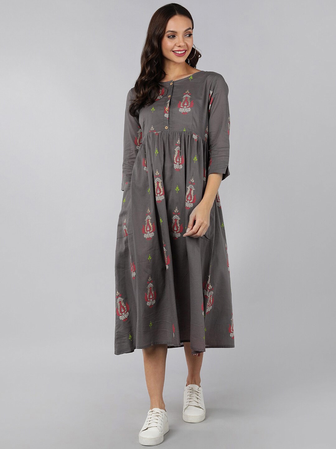 

AHIKA Grey & balsam green Floral Empire Midi Dress