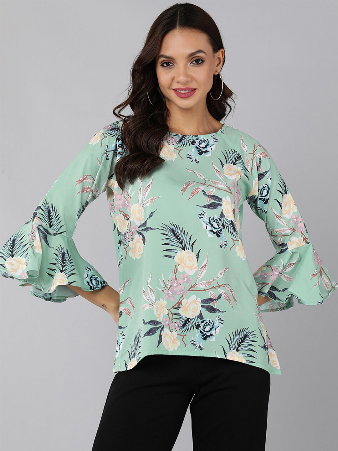 

AHIKA Sea Green Floral Print Georgette High-Low Top