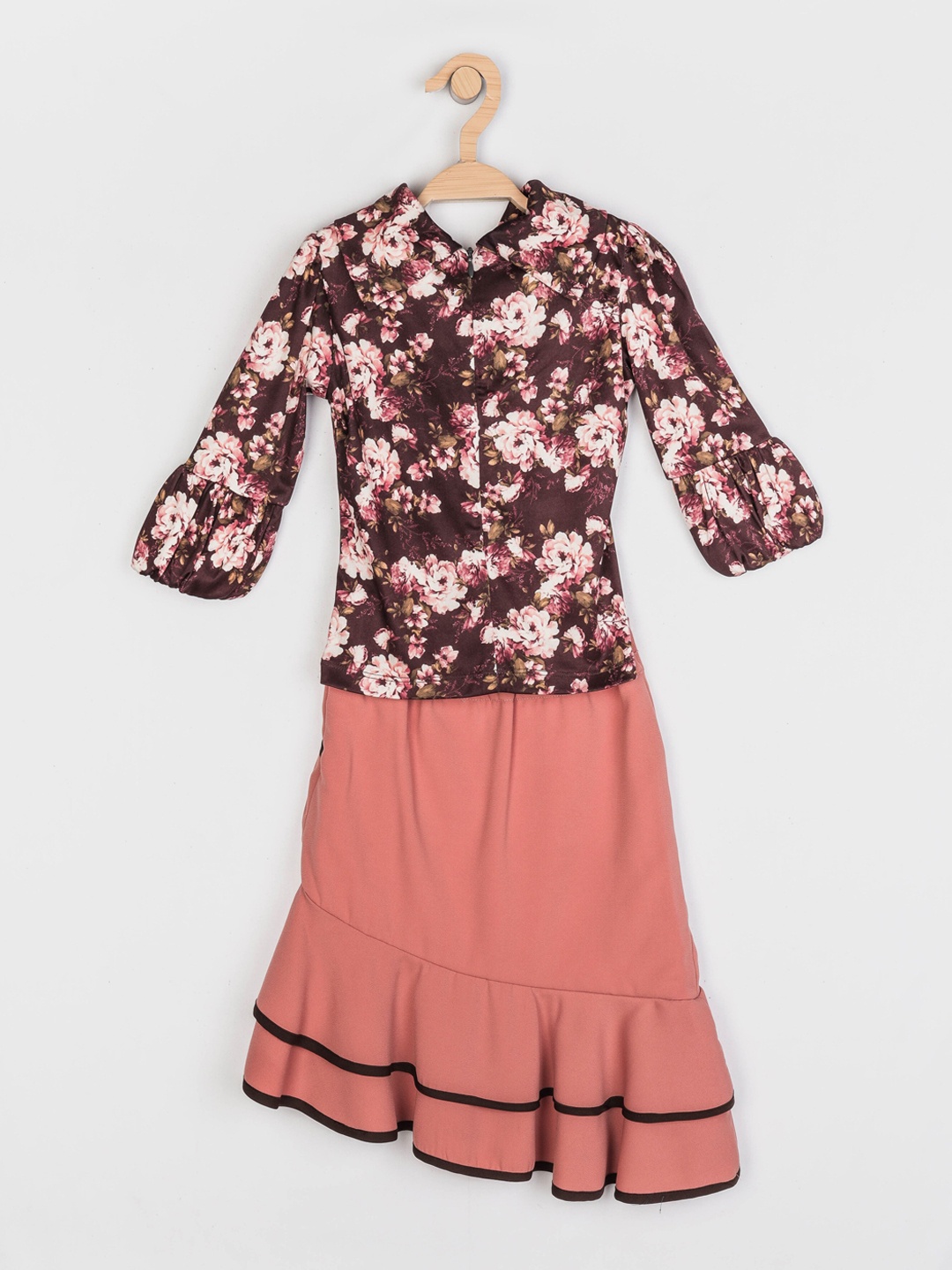 

Peppermint Girls Brown & Peach-Coloured Printed Top with Skirt